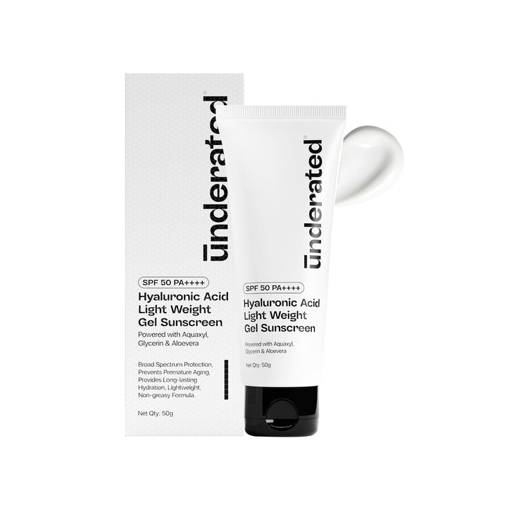 UNDERATED Hyaluronic Acid Lightweight Gel Sunscreen SPF 50 PA++++ | Broad Spectrum Protection | With Aquaxyl & Aloe Vera | Non-Greasy & Hydrating | For All Skin Types | 50g