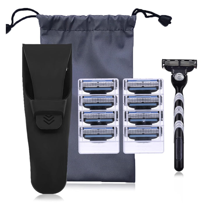 Manual Razor for Men 3-Layer Manual Shaving Razor Set with Razor Handle, 8 Blades, Protective Case Cover, Storage Bag