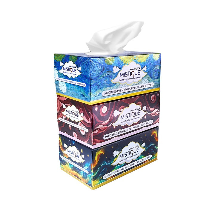 MISTIQUE 2 Ply Facial Tissue Paper Box | 600 Pulls | 200 Pulls x 3 Boxes | Natural Virgin Pulp | Ultra Soft, Skin Friendly & Highly Absorbent | Multipurpose Car, Home & Office Use