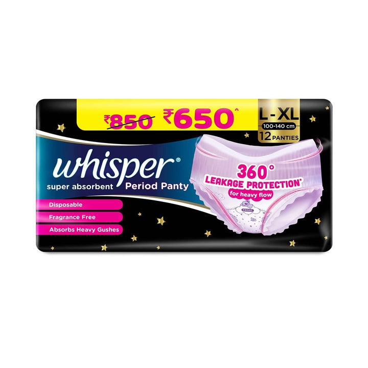 Whisper Super Absorbent Period Panty, 12 L-XL Pants, 360 Degree Leakage Protection* for Heavy Flow, Panty like Fit, Full back Coverage, Absorbs Heavy Gushes, Silky Soft, Comfortable Feel