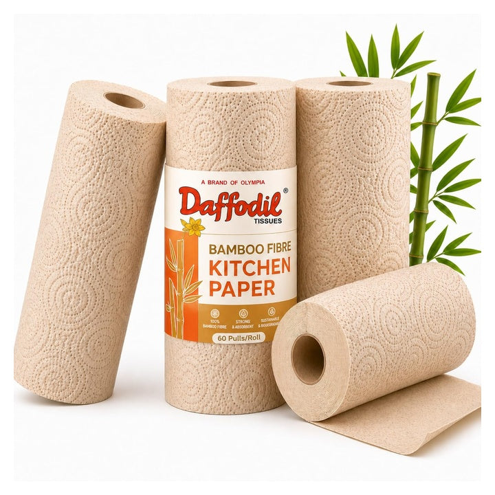 Daffodil Bamboo -2 Ply Kitchen Towel Tissue Roll | 240 Pulls (60 pulls x 4 Rolls) | 100% Eco-Friendly - Pure Bamboo Pulp |Soft & Super Absorbent | Food Safe