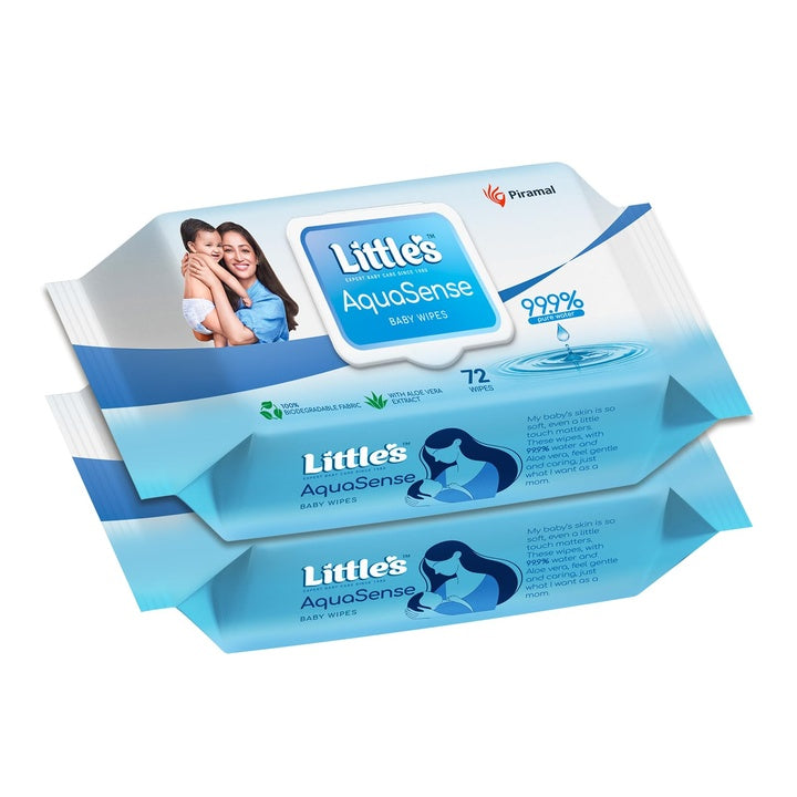 Little's 99.9% Pure Water AquaSense Baby Wipes | Unscented | with Aloe Vera | Pack of 2 X 72 Wipes | Plant-based | 100% Biodegradable | No Paraben