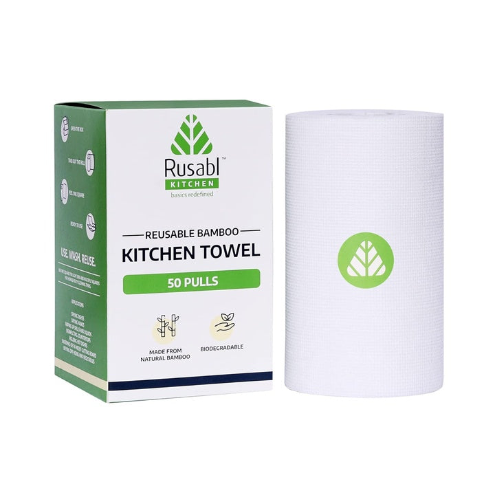 RUSABL Organic Kitchen Towel Roll for Cleaning, Reusable Cleaning Bamboo Cloth, No Tree Paper Towels, Eco-friendly and Biodegradable (50 Sheets)