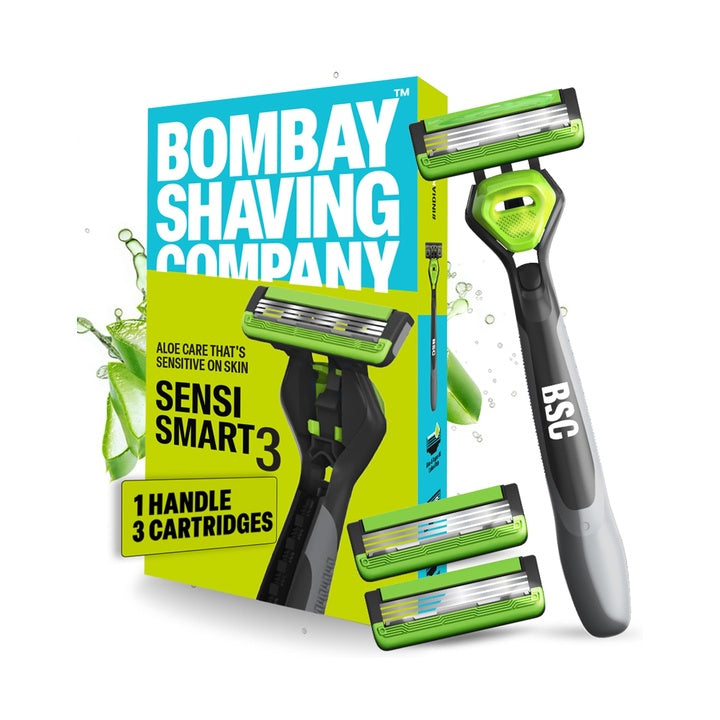 Bombay Shaving Company Sensi Smart 3 Value Pack (Handle + 3 Blades Cartridge) | Shaving Razor for Men | Aloe Gel and Argan Oil Lubra Strip with Pivot Head