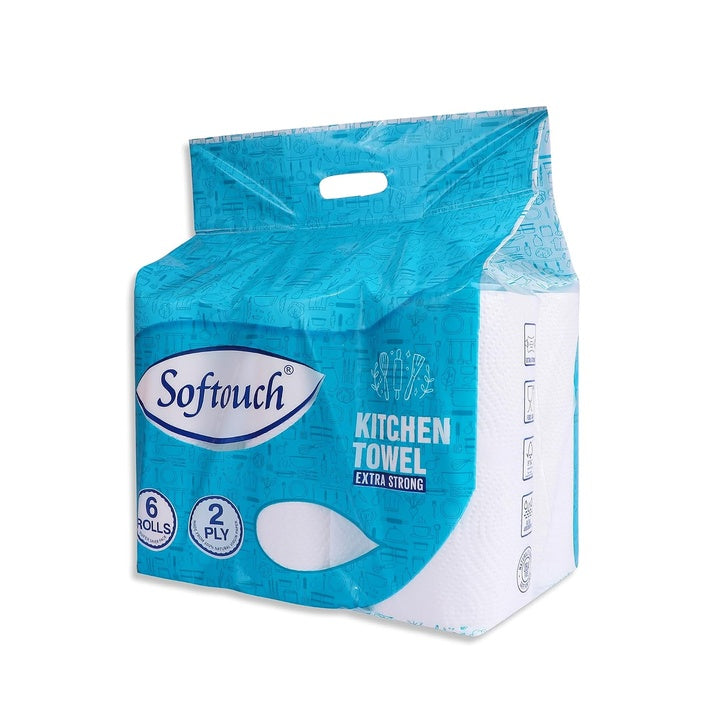 Softouch 2 Ply Kitchen Tissue Rolls | 390 Pulls | 65 Kitchen Towels X 6 Rolls | Soft And Highly Absorbent | 100% Natural Virgin Cellulose Fiber