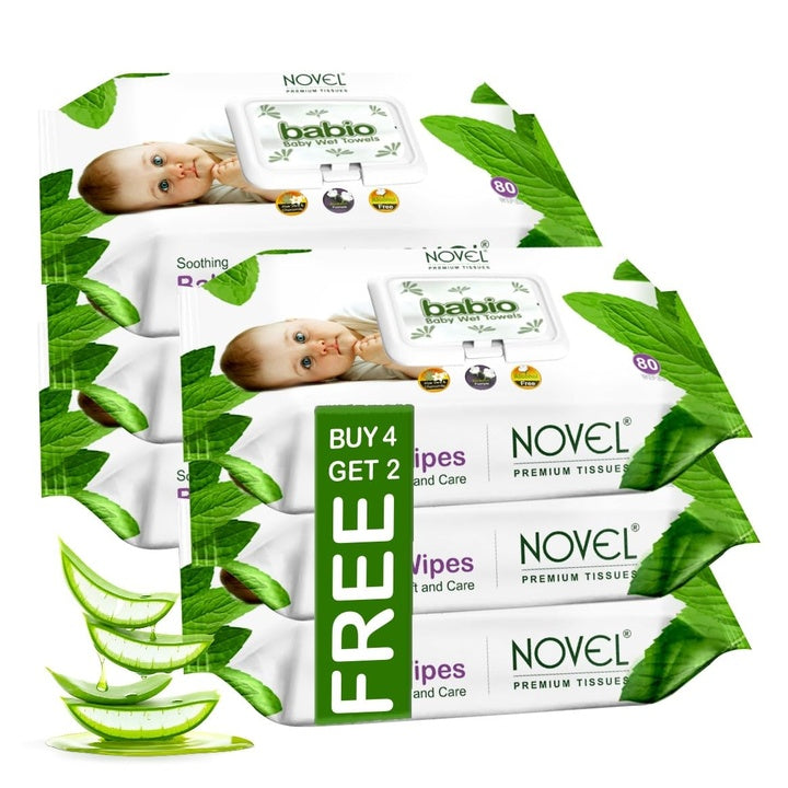 Novel Baby Wet Wipes 80 Wipes x Pack of 6 (480 Wipes) | Aloe Vera, Chamomile, Vitamin E Enriched | pH Balanced, Alcohol, Hypoallergenic & Paraben-Free | Soft Gentle Baby Wipes with Lid
