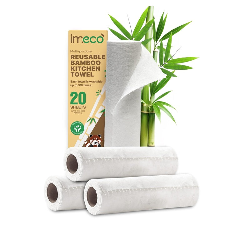IMECO Reusable Bamboo Kitchen Towel Roll | 8000 Times Washable | Soft & Highly Absorbent | Better Alternative to Dishcloth | 100GSM Paper Towel | Eco Bamboo Wipes for Kitchen Cleaning | 80 Sheets