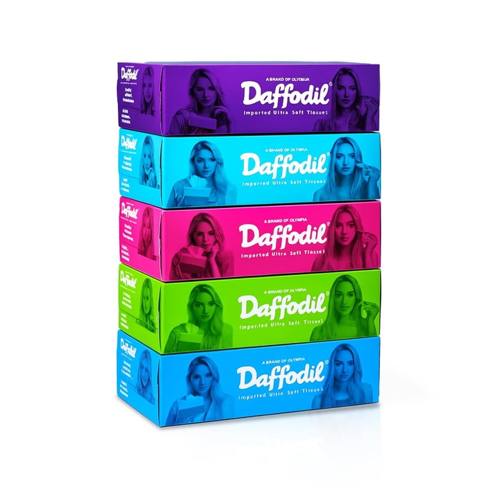 DAFFODIL Hypoallergenic Facial Tissue Box – Pack of 5 (100 Pulls Per Box, 200 Sheets 2 Ply) | Ultra Soft, Strong & Absorbent Face Tissues | Premium Car, Home & Office Tissue