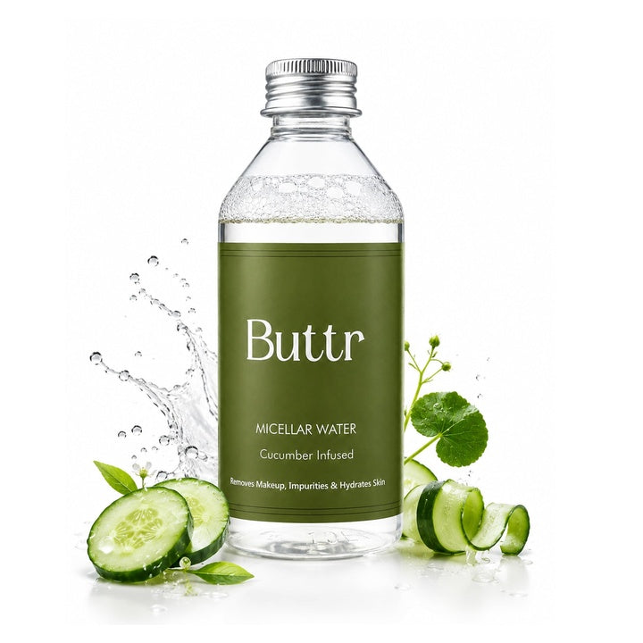 Buttr Cucumber Micellar Water | Gentle Makeup Remover & Skin Refresher | Cooling, Hydrating & Non-Sticky Facial Cleanser for Face, Eyes & Lips | Suitable for All Skin Types | 200 ml