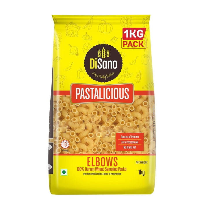 DiSano Elbow Pasta 1kg, Healthy Pasta, Made with 100% Durum Wheat Semolina, 100% Suji, No Maida, Source of Protein & Fibre, Non-Sticky