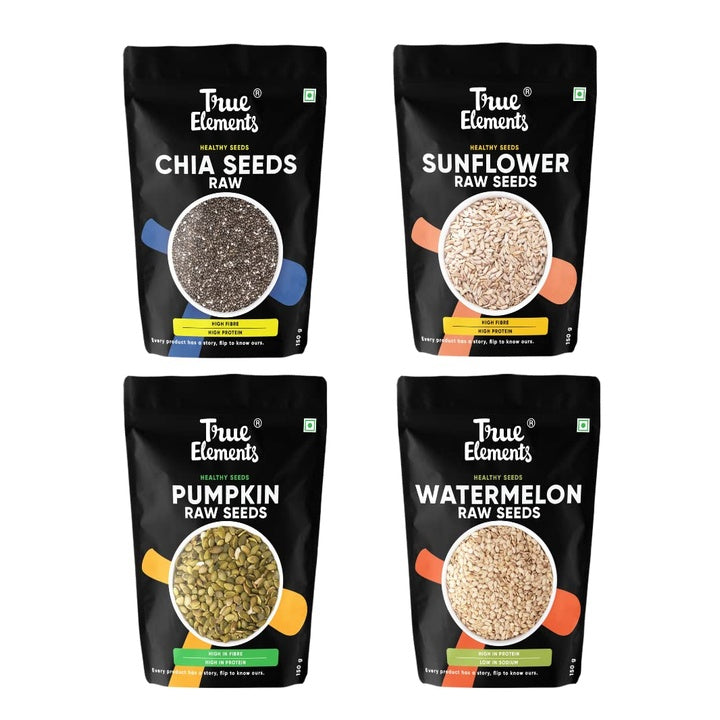 True Elements Healthy Raw Seeds Combo Pack (150g*4) - Seeds for Eating Combo | Chia Seeds, Pumpkin Seeds, Watermelon Seeds & Sunflower Seeds