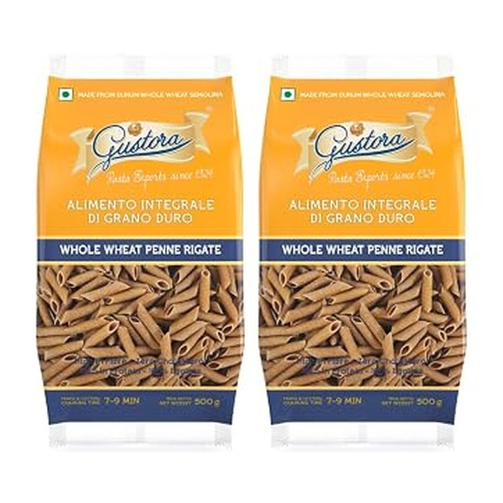 Gustora Whole Wheat Penne Pasta, 1kg (Pack of 2 x 500g) | Authentic Italian Pasta with Al Dente Texture |100% Durum Whole Wheat Semolina | Zero Maida | High Fibre | Vegetarian