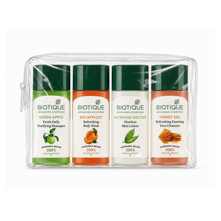 Biotique Travel Kit | Includes Green Apple, Bio Apricot, Morning Nectar & Honey Gel | Mini Skincare & Haircare Essentials for Travel | Enriched with 100% Botanical Extracts