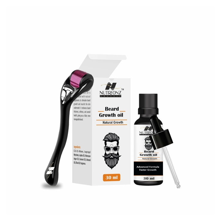 Beard Growth Oil for Beard and Moustache Oil, 30 ml | Beard Oil for men | Non-Sticky, Light | Almond Oil, Aloe vera, Vitamin E | Shiny Nourished Beard Growth with derma roller 0.5 mm