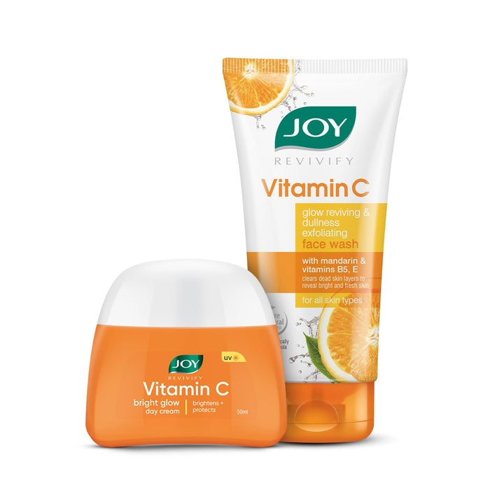 Joy Vitamin C Face Wash (150ml) & Face Cream (50ml) Combo Value Pack for Bright & Glowing Skin | Skin Care For Dullness Removal & Sun Protection | Daily Morning Routine for Men & Women (200 ml Combo Pack of 2)
