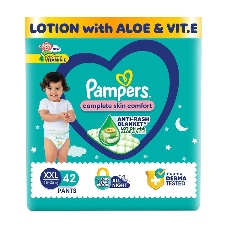 Pampers Complete Skin Comfort Pants, (XXL) 42 Count, Anti-rash blanket, Lotion with Vitamin E & Aloe Vera,Double Extra Large size baby diapers,15-25kg
