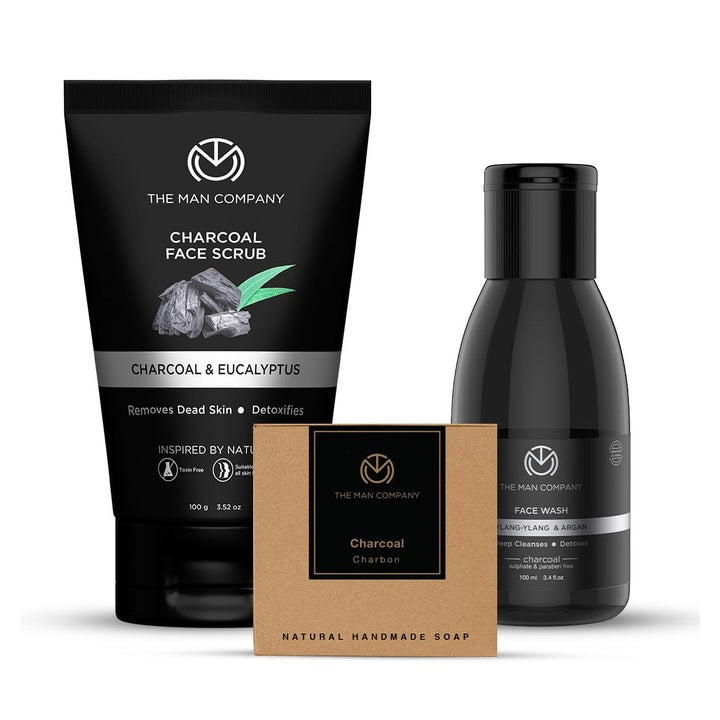 The Man Company Charcoal Gift Set | Charcoal Soap, Face Wash, Face Scrub | Deep Cleansing, Detox Skin, Anti Acne, Blackhead & Dirt Removal - Pack of 3