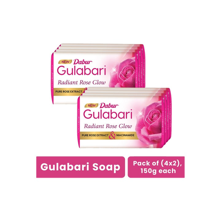 Dabur Gulabari Pure Rose Soap|Bathing Moisturizing Soap for Soft, Glowing Skin & Body (8 x 150 g)