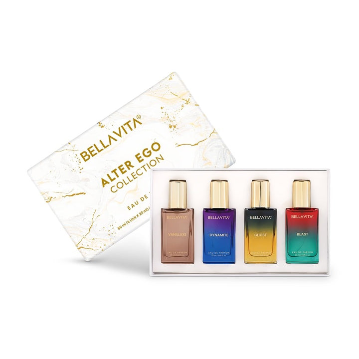 BELLAVITA Alter Ego Collection | 4x20ml | Long Lasting EDP | Gift for Man and Woman | Perfume for Man and Woman | Vanilla, Caramel & Musk | Floral, Spicy Premium Fragrance for Men and Women