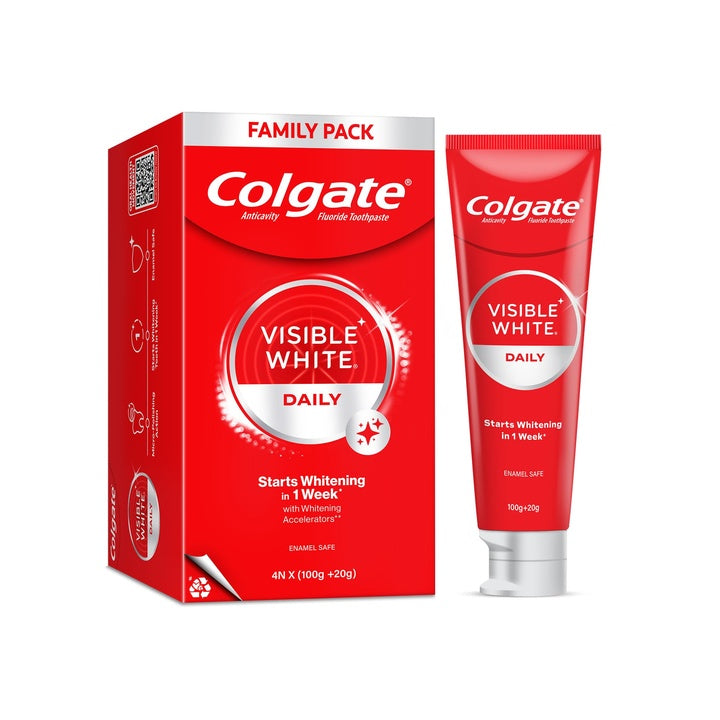 Colgate Visible White Teeth Whitening Toothpaste, Protects Enamel, Removes Stains, With Whitening Accelerators, 480g, 120g X 4