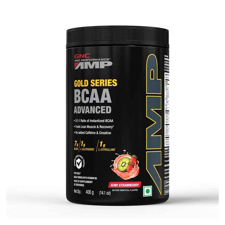 GNC AMP Gold Series BCAA Advanced | 400 gm | 30 Servings | Fastest Muscle Recovery | Maximized Workout Performance | Formulated In USA | 7g BCAA | 1g L-Glutamine | 1g L-Citrulline | Kiwi Strawberry