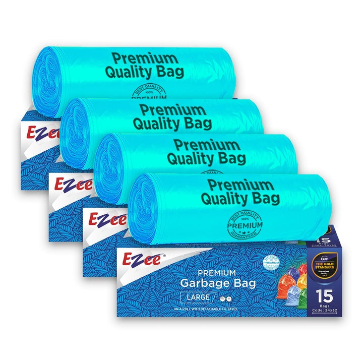 Ezee Blue Garbage Bags Large 60 Pcs | 15 Pcs x Pack of 4 Rolls | 24 x 32 Inch | Dustbin Bags/Trash Bags/Dustbin Covers for Wet and Dry Waste