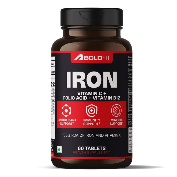 Boldfit Iron Supplement for Women & Men Iron Bisglycinate with Vitamin C Folic Acid & Vitamin B12 Gentle on Stomach,Non-Constipating Tablets - 60 Count