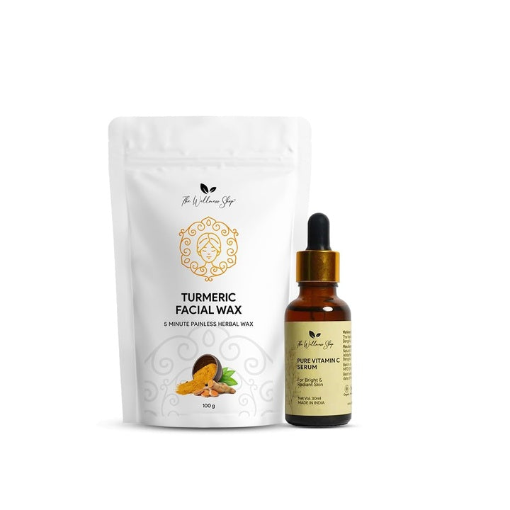 The Wellness Shop Turmeric Facial Wax Powder- (100g), 5 Min Painless, No chemicals - No Irritation, No Skin rashes | Pure Vitamin C Serum- (30ml) for Women, Bright and Radiant Skin Combo Pack of 2