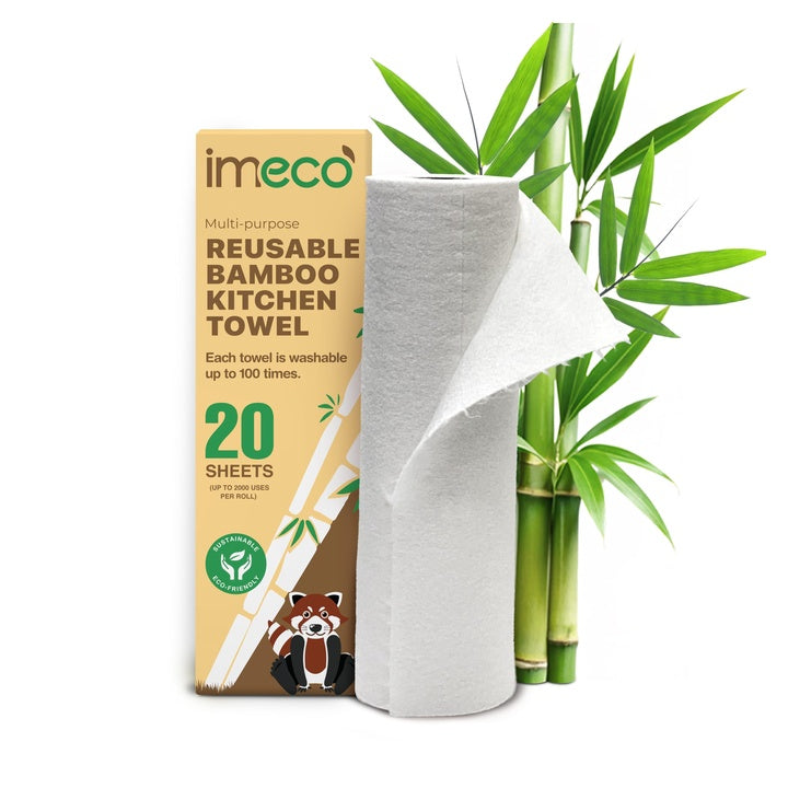 IMECO Reusable Bamboo Kitchen Towel Roll | 2000 Times Washable | Soft & Highly Absorbent | Better Alternative to Dishcloth | 100GSM Paper Towel | Eco Bamboo Wipes for Kitchen Cleaning | 20 Sheets