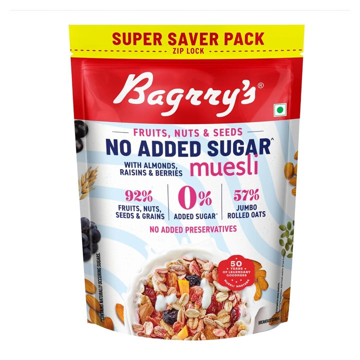 Bagrry’s No Added Sugar Muesli with Fruits, Nuts & Seeds – 700g | High Fibre & Protein | 0% Added Sugar, No Corn Flakes | Whole Grain Breakfast Cereal with Almonds, Raisins, Pumpkin Seeds & Berries | No Sugar infused Berries