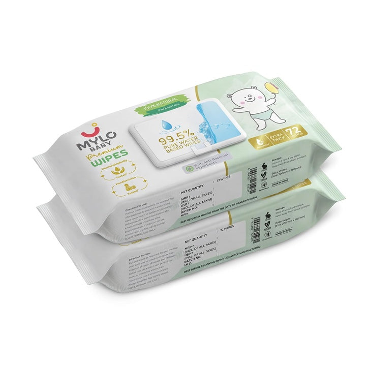 99.5% Pure Water | 100% Plant-based | 3X Thicker | Calendula Extract | pH balanced | Paediatrician Tested - Mylo Baby Premium Wipes with 99.5% Pure Water (72 Wipes, Pack of 2)