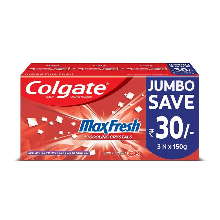 Colgate MaxFresh Toothpaste, Red Gel Paste with Menthol for Super Fresh Breath, 450g, 150g X 3 (Spicy Fresh)