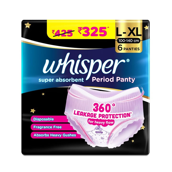 Whisper Super Absorbent Period Panty, 6 L-XL Pants, 360 Degree Leakage Protection* for Heavy Flow For Women, Panty like Fit, Full back Coverage, Absorbs Heavy Gushes, Silky Soft, Comfortable Feel