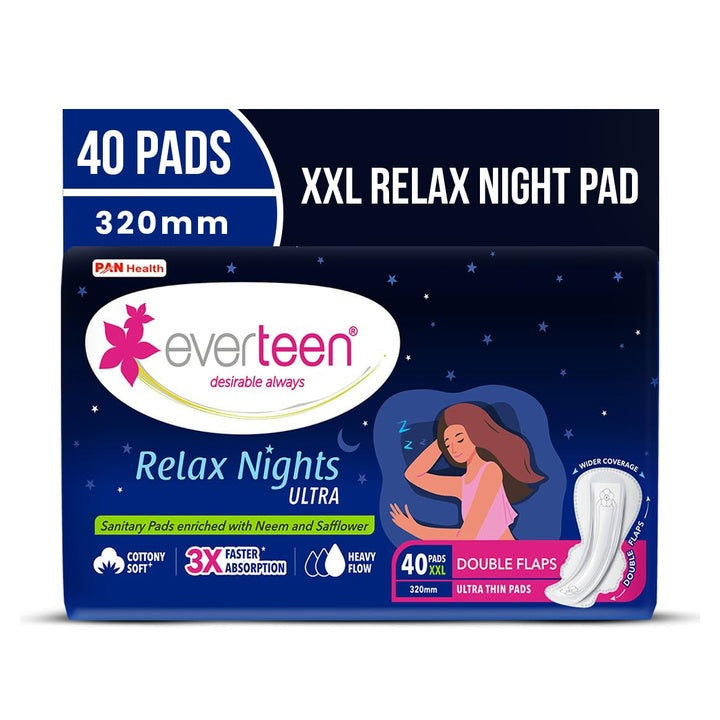 everteen Relax Night 40 XXL Sanitary Pads for Women 320mm, Deep Absorption, Rash Free Sanitary Napkins for Heavy Flow, Cotton Pads with Wider Back, Odour Control