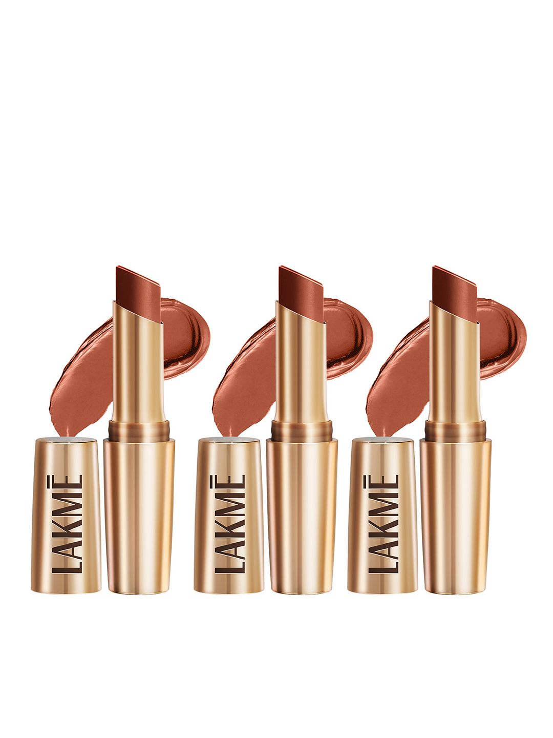 Lakme Set of 3 9to5 Powerplay Priming Matte Lipstick Lasts 16Hr 3.6g Each - Caramel Latte